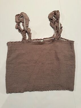 aerie Smocked Ruffle Strap Crop Top - Brown Taupe